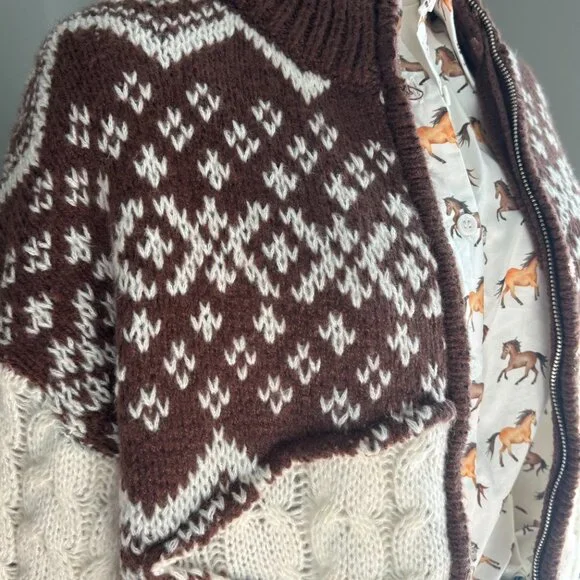 Fair Isle Cardigan Zip Up Brown NWT - Picture 3 of 3
